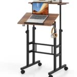 Giantex Bureau Debout Mobile, Chariot pour Ordinateur Portable à Hauteur Réglable avec Plateau Angle Ajustable, 2 Crochets Amovibles et roulettes Verrouillables pour Bureau (Noir + Noyer) 1