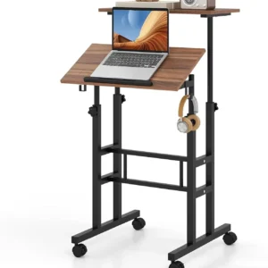 Giantex Bureau Debout Mobile, Chariot pour Ordinateur Portable à Hauteur Réglable avec Plateau Angle Ajustable, 2 Crochets Amovibles et roulettes Verrouillables pour Bureau (Noir + Noyer) 1